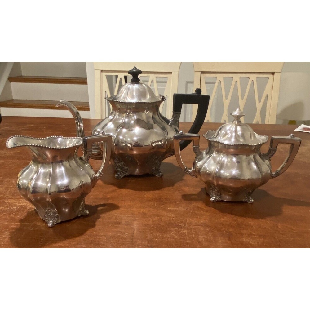 Antique Edwardian Meriden B Company Silverplate Tea Set Pot Creamer Sugar 2047